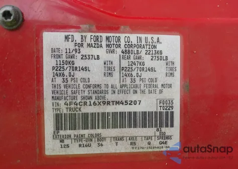 1994 Mazda B4000 Cab Plus z USA, uszkodzony, nr VIN 4F4CR16X9RTM45207